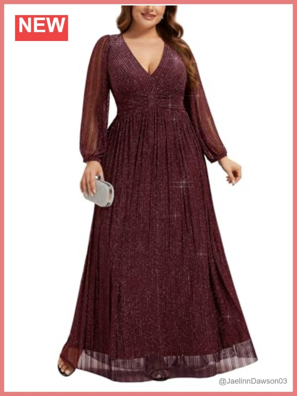 Glitter Long Sleeve Plus Size A-Line Formal Gown